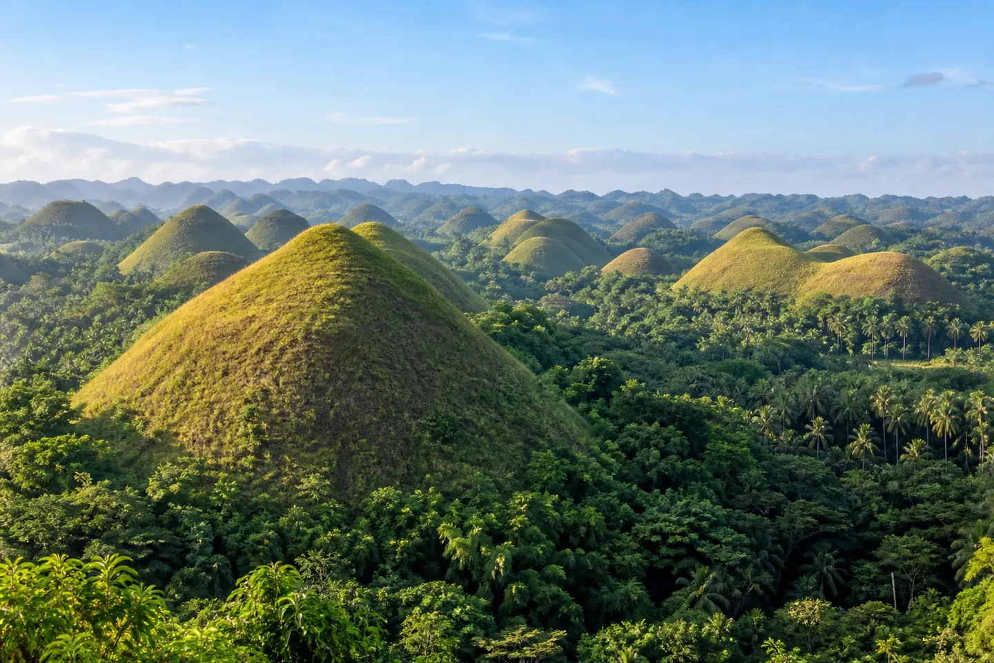 Rounded grass-covered hills rise above tropical forest in Bohol.