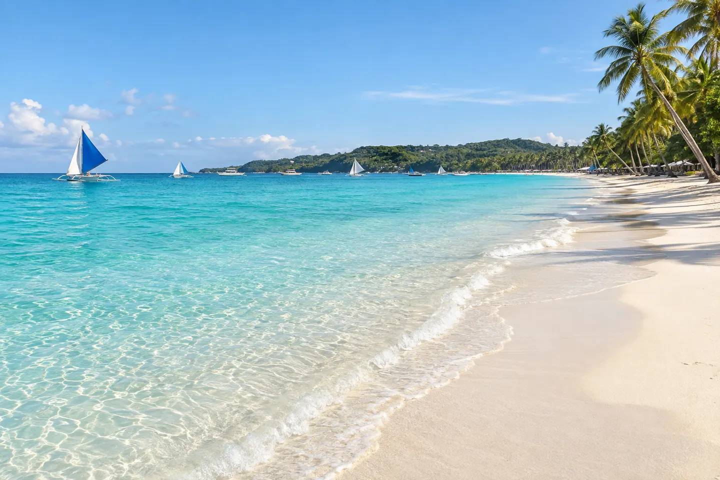 Fine white sand and turquoise water along a palm-lined beach.