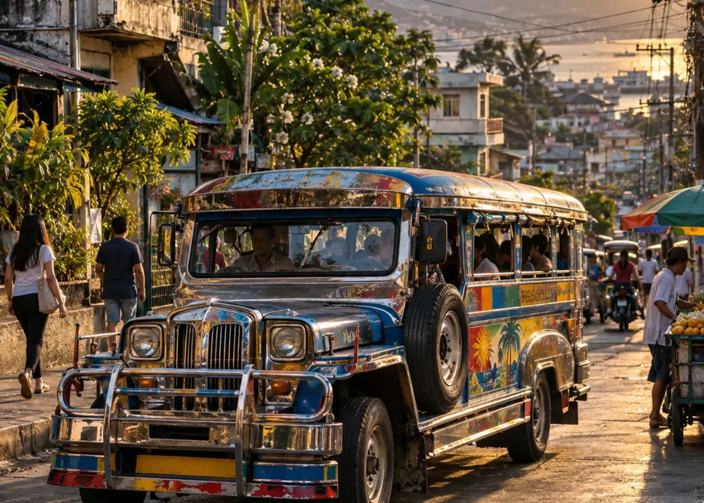 A Philippine street scene with a traditional jeepney.