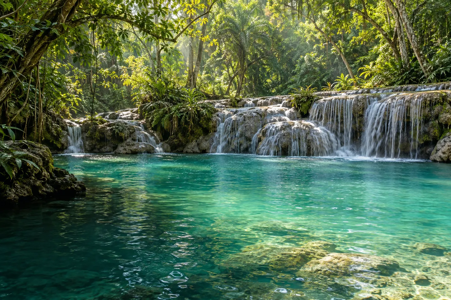 Low waterfalls spill into a jade pool surrounded by tropical forest.